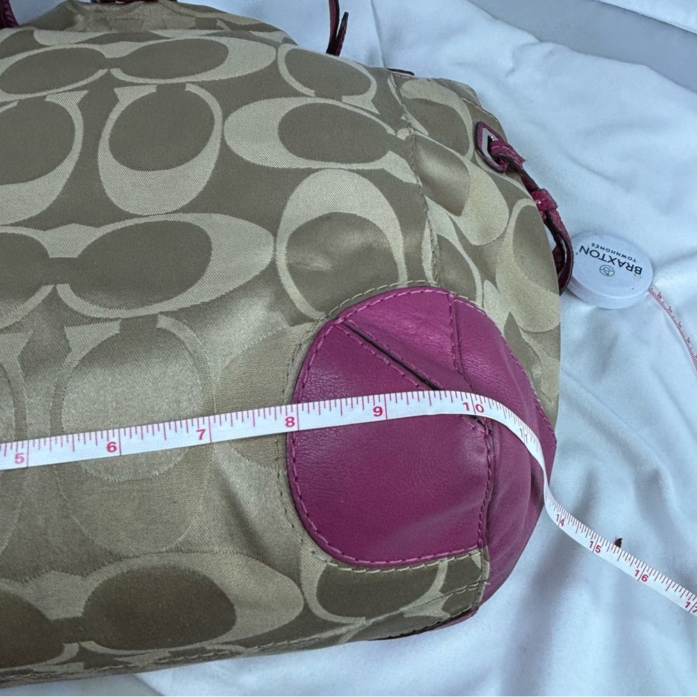COACH Peyton Signature Khaki/ Fushia Sateen Signature Tote Bag - Picture 12 of 14